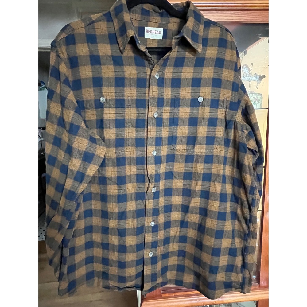 Redhead Mens Brown Navy Blue Plaid Flannel Shirt L 602RHF22-8012W Cotton